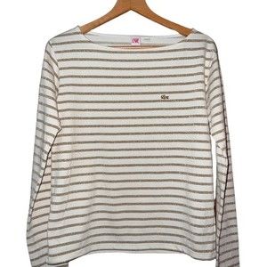 Lacoste Cream & gold preppy coastal striped long sleeve T-shirt top Size Sm
